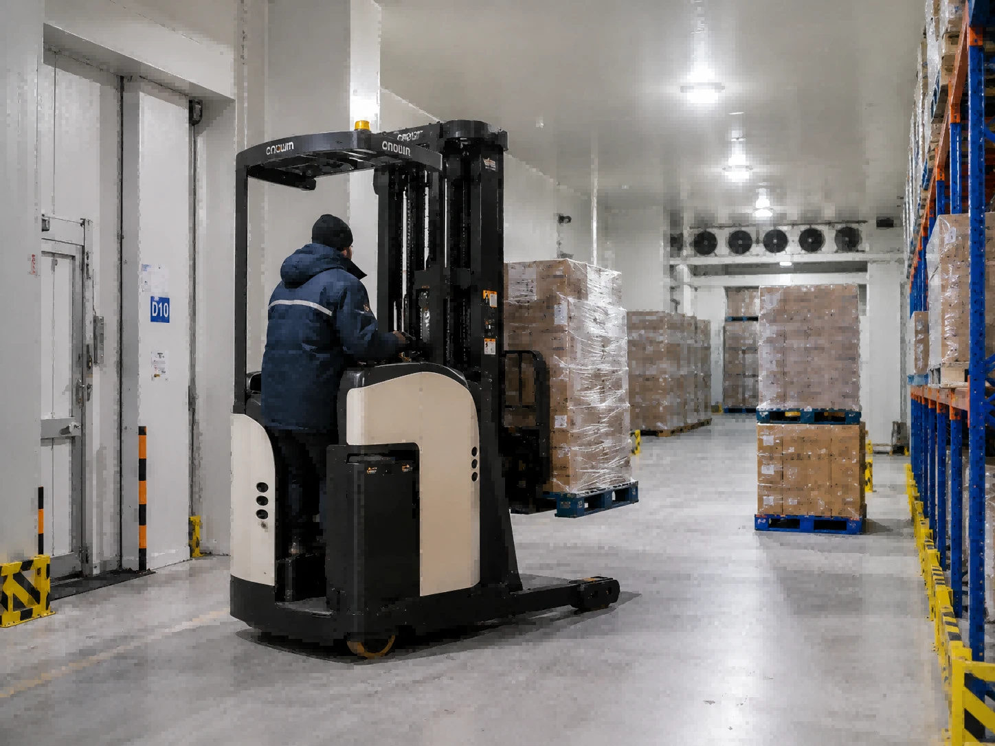 Reach truck operating in a sub-zero cold storage warehouse environment with frost and specialized handling requirements Reach truck operating in a sub-zero cold storage warehouse environment with frost and specialized handling requirements